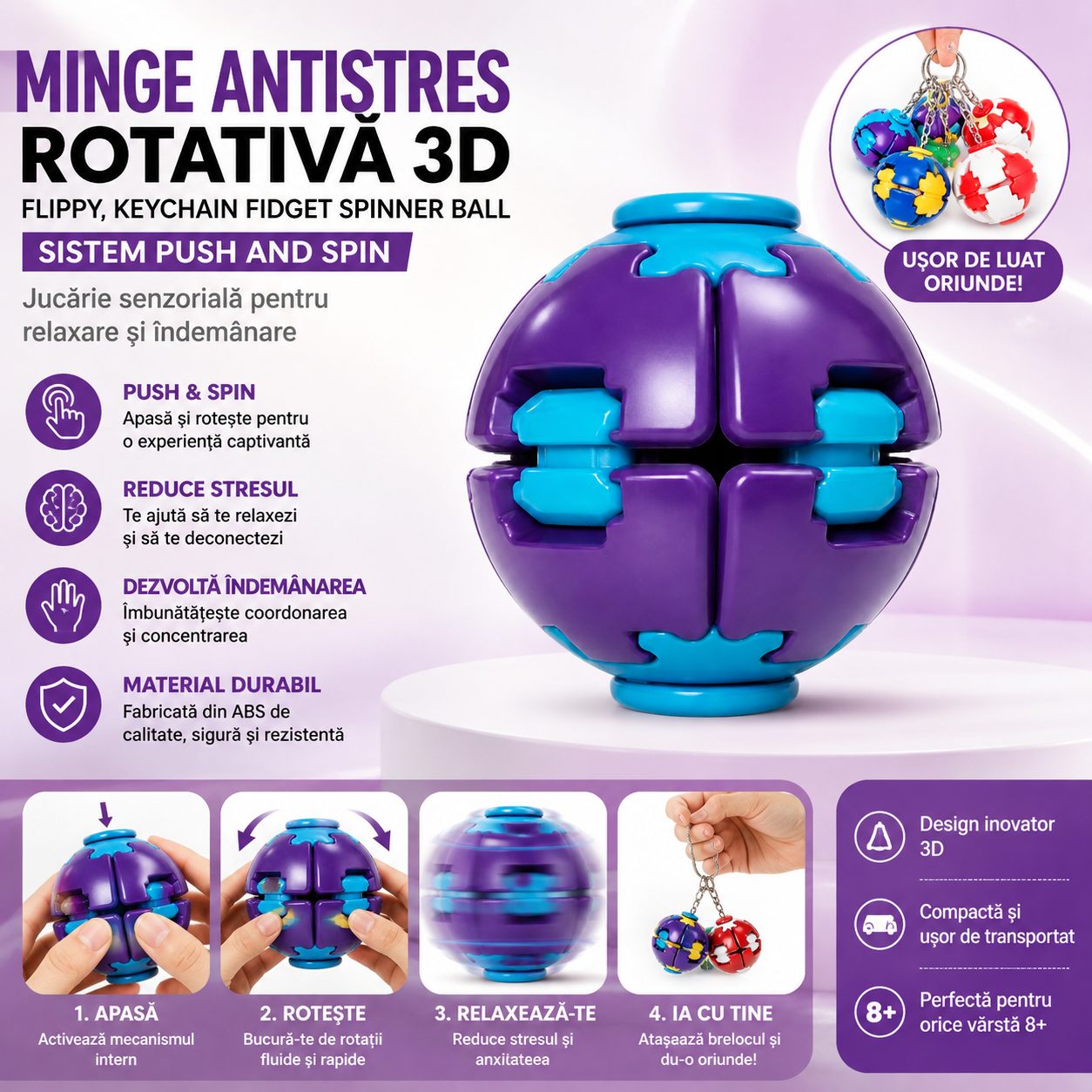 Minge Antistres Rotativa 3D, , Keychain Fidget Spinner Ball, cu Sistem Push and Spin, Jucarie Senzoriala pentru Relaxare si Indemanare, 4.5x5 cm, Mov 2