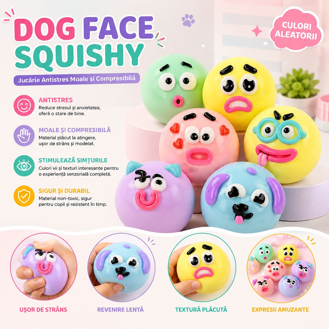 Jucarie Antistres Squishy, , Model Fete Amuzante, Forma Rotunda, Moale si Compresibila, pentru Relaxare si Joaca Senzoriala, Culoare Aleatorie 5