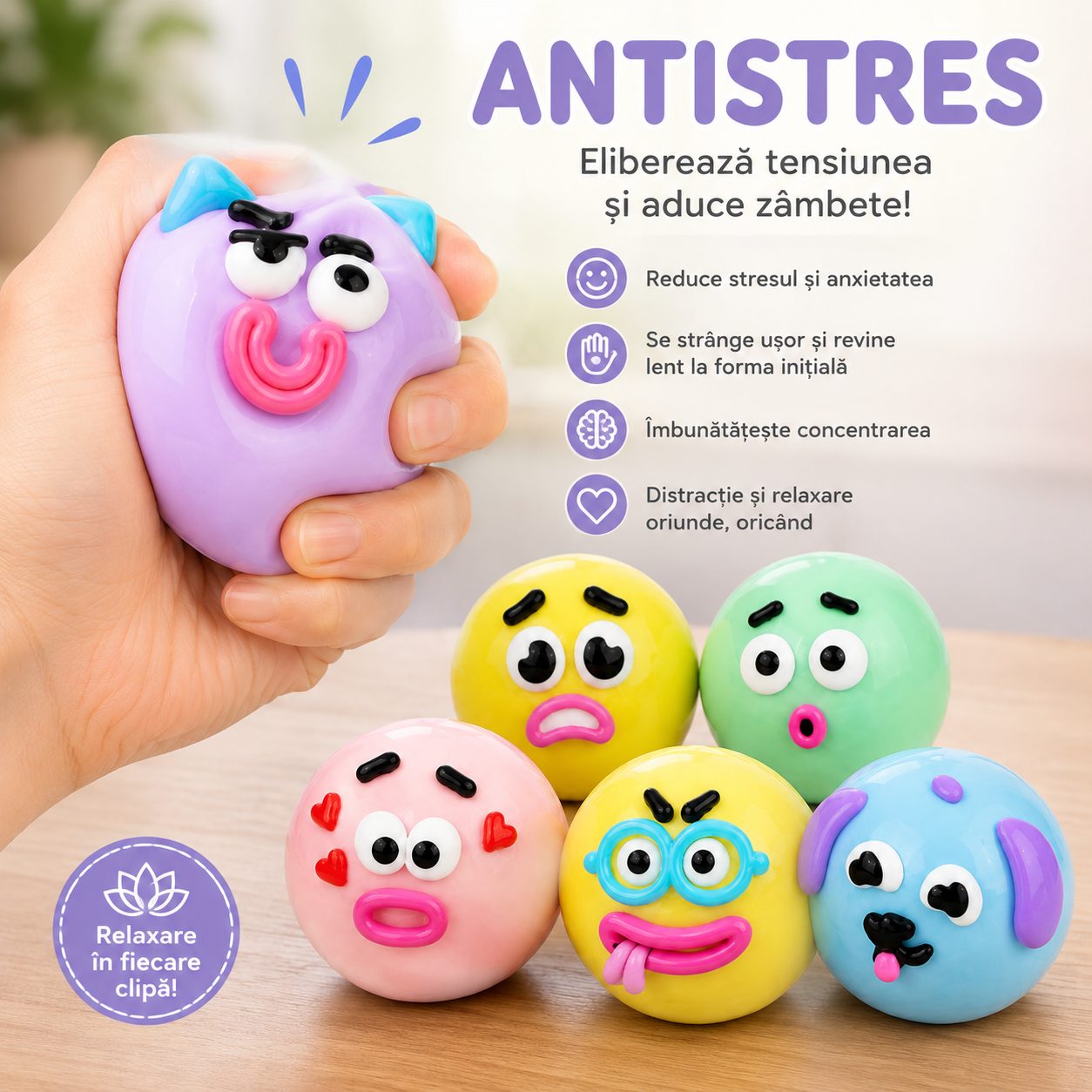 Jucarie Antistres Squishy, , Model Fete Amuzante, Forma Rotunda, Moale si Compresibila, pentru Relaxare si Joaca Senzoriala, Culoare Aleatorie 4