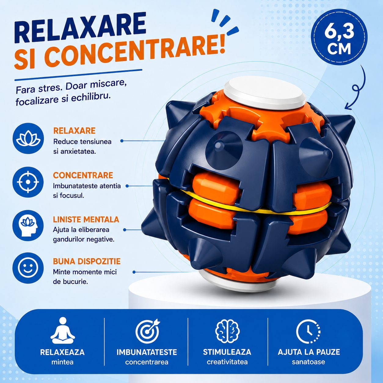 Jucarie Antistres Rotativa, , Model Minge Push and Spin, Rotire Manuala, Structura 3D Interactiva, Relaxare si Indemanare, 6.3 cm, Albastru inchis/Portocaliu 3