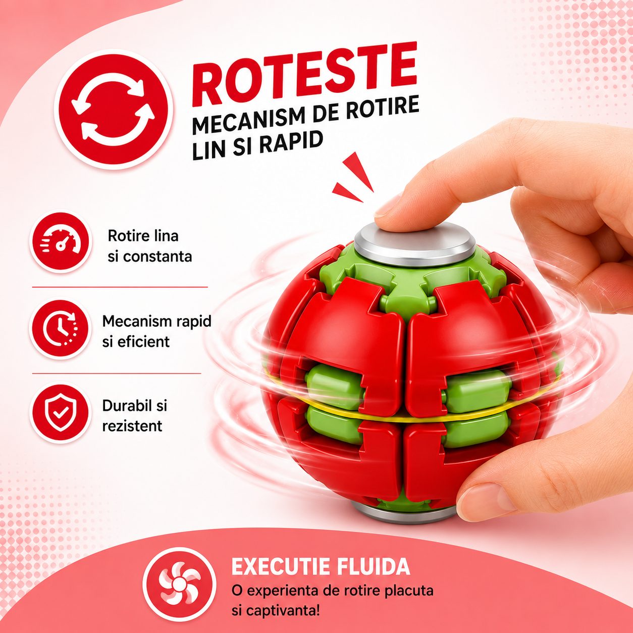 Jucarie Antistres Rotativa, , Model Minge Push and Spin, Rotire Manuala, Structura 3D Interactiva, Relaxare si Indemanare, 6.3 cm, Rosu 4