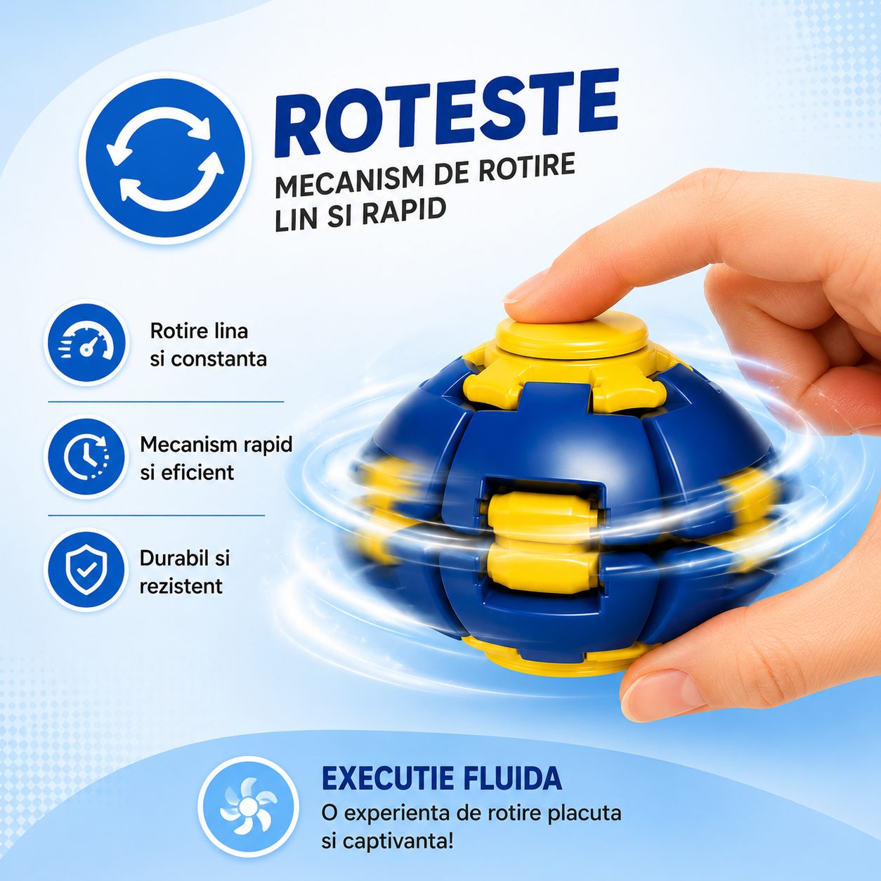 Jucarie Antistres Rotativa, Flippy, Model Minge Push and Spin, Rotire Manuala, Structura 3D Interactiva, pentru Relaxare si Indemanare, 6.3 cm, Albastru