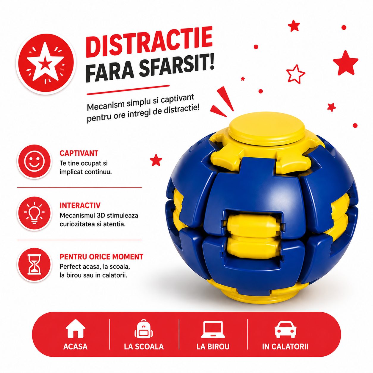 Jucarie Antistres Rotativa, Flippy, Model Minge Push and Spin, Rotire Manuala, Structura 3D Interactiva, pentru Relaxare si Indemanare, 6.3 cm, Albastru