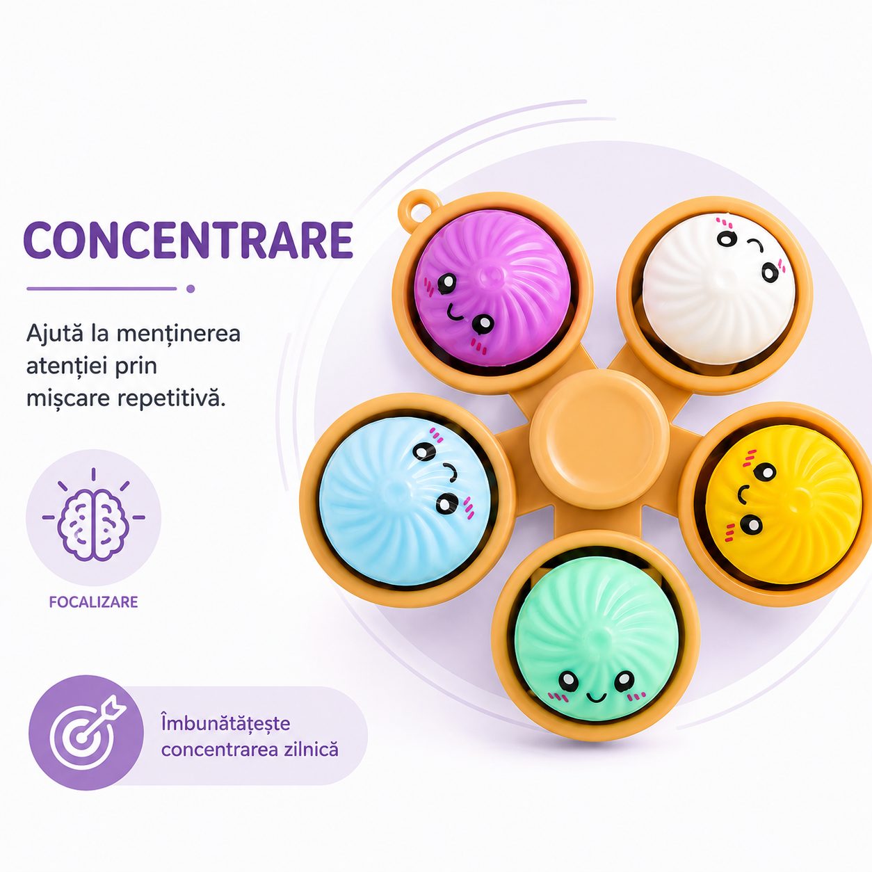 Jucarie Antistres Fidget Spinner, , Model Dumpling, 5 Elemente Rotative, Design Kawaii, Rotire Manuala, Relaxare si Joaca, Multicolor 5
