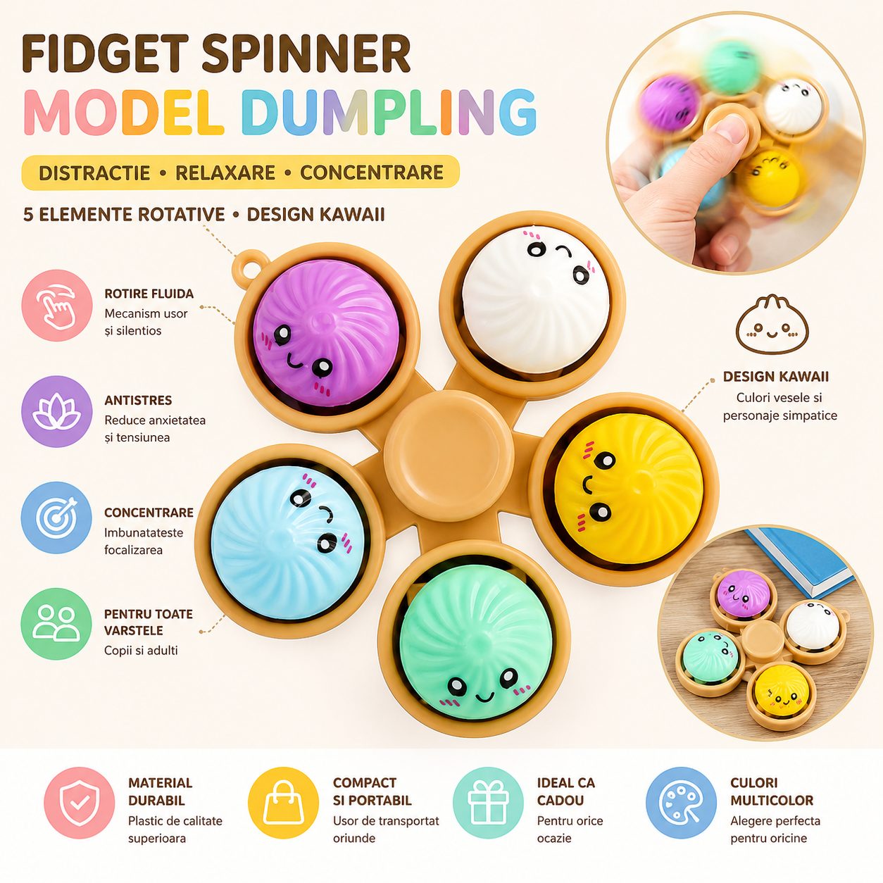 Jucarie Antistres Fidget Spinner, , Model Dumpling, 5 Elemente Rotative, Design Kawaii, Rotire Manuala, Relaxare si Joaca, Multicolor 4