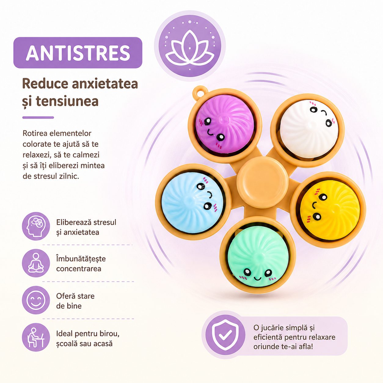 Jucarie Antistres Fidget Spinner, , Model Dumpling, 5 Elemente Rotative, Design Kawaii, Rotire Manuala, Relaxare si Joaca, Multicolor 3