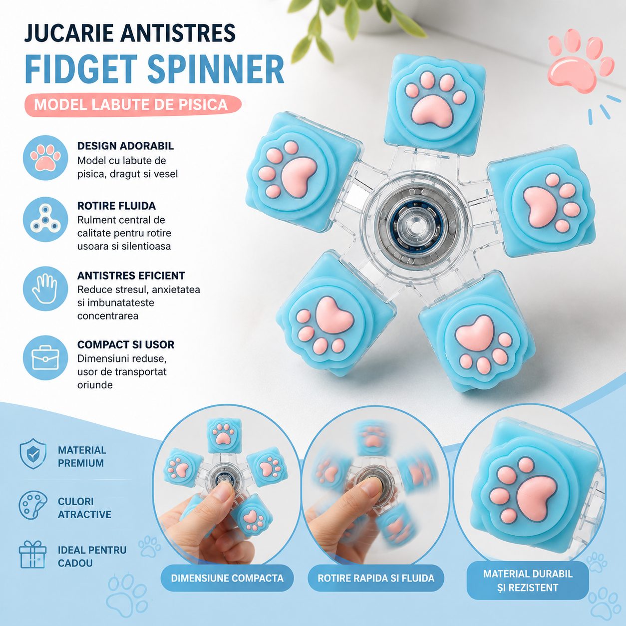 Jucarie Antistres Fidget Spinner, , Model Labute de Pisica, 5 Brate cu Elemente Decorative Tip Paw, Rotire Manuala, Design Compact, 7.5x7.5 cm, Albastru 5