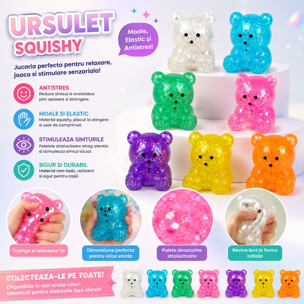 Jucarie Antistres Squishy, , Model Ursulet, Transparenta cu Paiete Decorative, Moale si Compresibila, pentru Relaxare si Joaca Senzoriala, Culoare Aleatorie 2