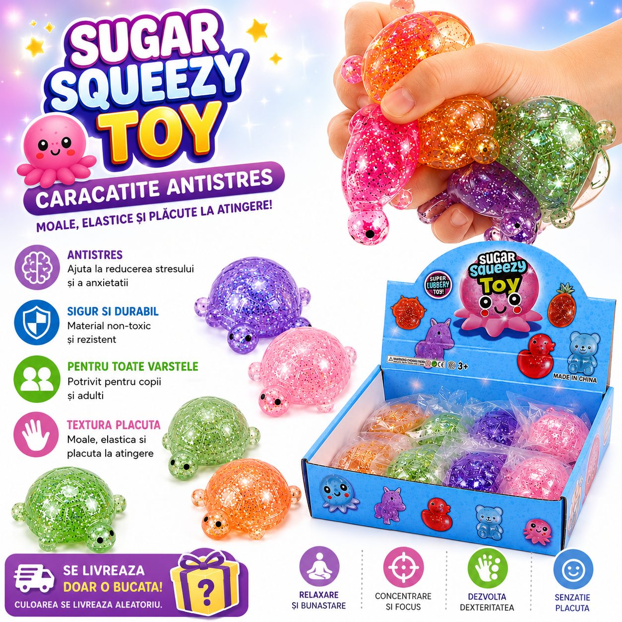 Jucarie Antistres Squishy, , Model Testoasa cu Sclipici, Textura Moale, 7 x 5.2 cm, Model Aleatoriu 2