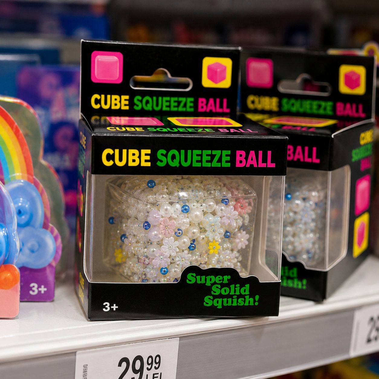 Jucarie Antistres Senzoriala, , Squishy Cube Transparent, Model Ice Cube Floral, Compresibila cu Revenire Lenta, 40 g, Multicolor 2