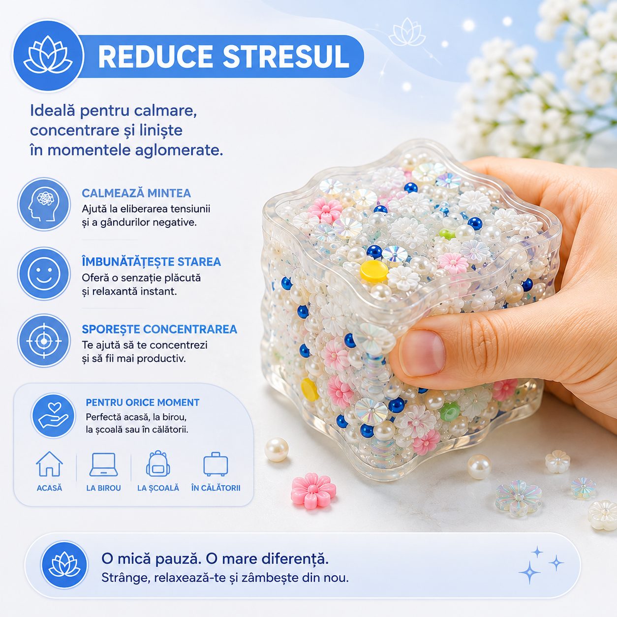 Jucarie Antistres Senzoriala, , Squishy Cube Transparent, Model Ice Cube Floral, Compresibila cu Revenire Lenta, 40 g, Multicolor 5