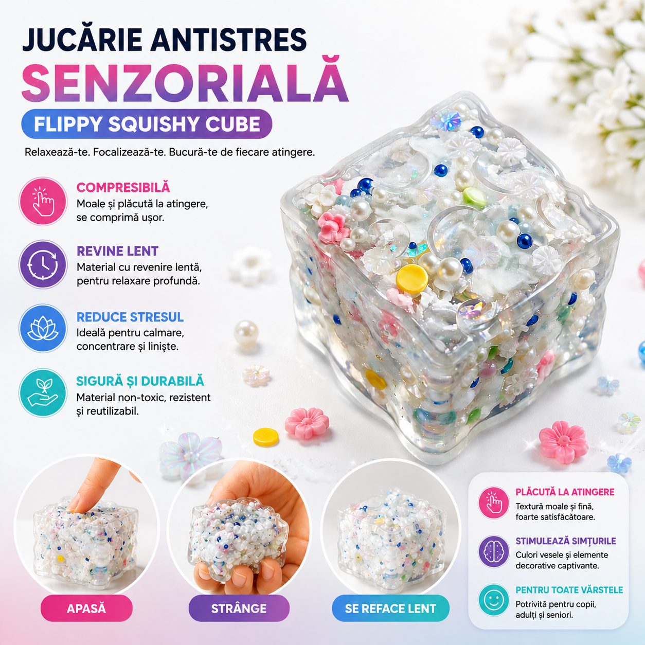 Jucarie Antistres Senzoriala, , Squishy Cube Transparent, Model Ice Cube Floral, Compresibila cu Revenire Lenta, 40 g, Multicolor 3