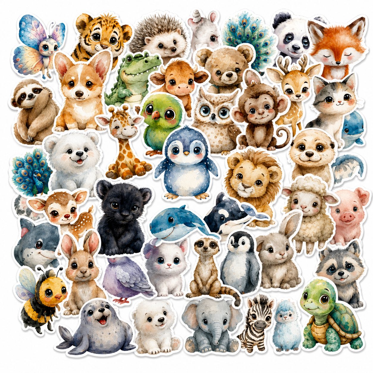 Set 50 Stickere Decorative, , Modele Animale Cartoon in Stil Acuarela, Impermeabile, Aproximativ 5.27 x 5.43 cm, Multicolor