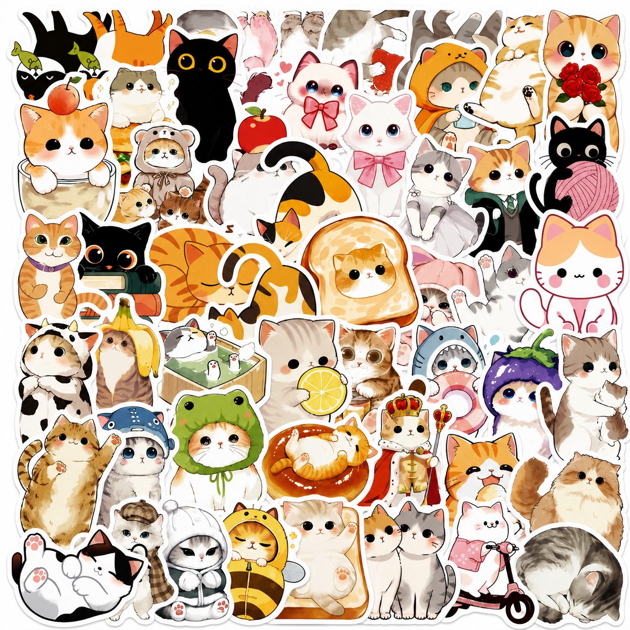 Set 50 Stickere Decorative, , Modele Pisici Cartoon Dragute, Impermeabile, Aproximativ 5.27 x 5.46 cm, Multicolor