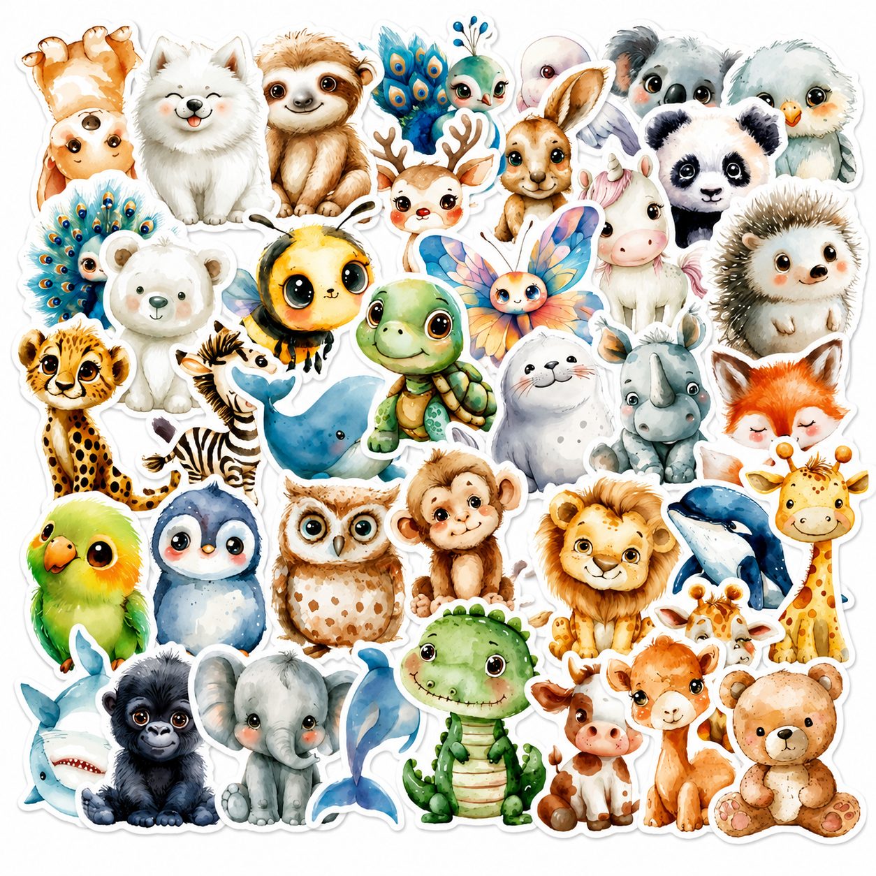 Set 50 Stickere Decorative, , Modele Animale in Stil Acuarela, Impermeabile, Aproximativ 5.27 x 5.46 cm, Multicolor