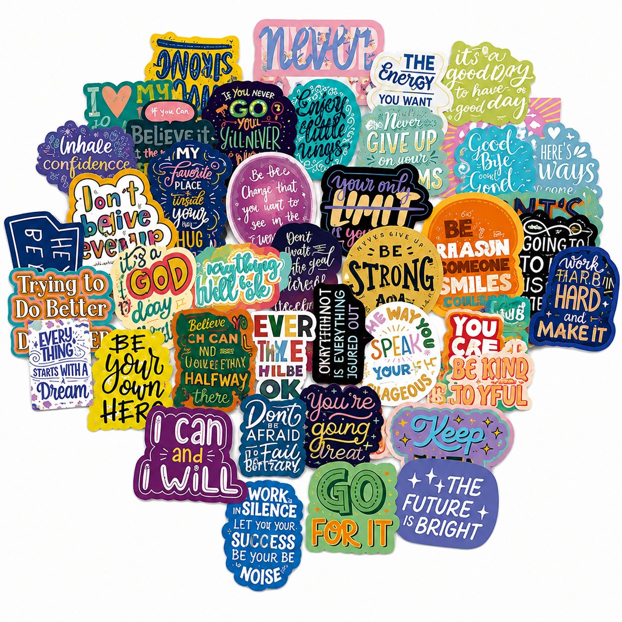 Set 50 Stickere Decorative, , cu Mesaje Motivationale si Citate Inspirationale in Limba Engleza, Impermeabile, Aproximativ 5.27 x 5.43 cm, Multicolor 1