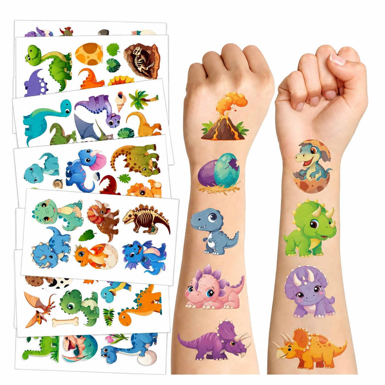 Set Tatuaje Temporare pentru Copii, , Modele Dinozauri Cartoon, Impermeabile, cu T-Rex si Animale Preistorice, Petreceri si Activitati Creative, Foaie 12.03 x 6.83 cm, Multicolor 1