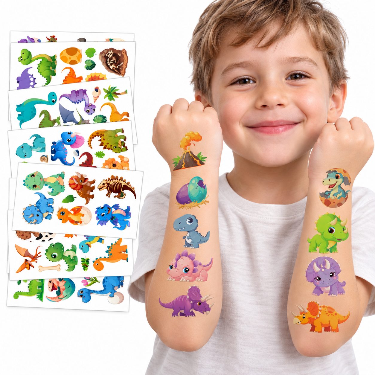 Set Tatuaje Temporare pentru Copii, , Modele Dinozauri Cartoon, Impermeabile, cu T-Rex si Animale Preistorice, Petreceri si Activitati Creative, Foaie 12.03 x 6.83 cm, Multicolor 4