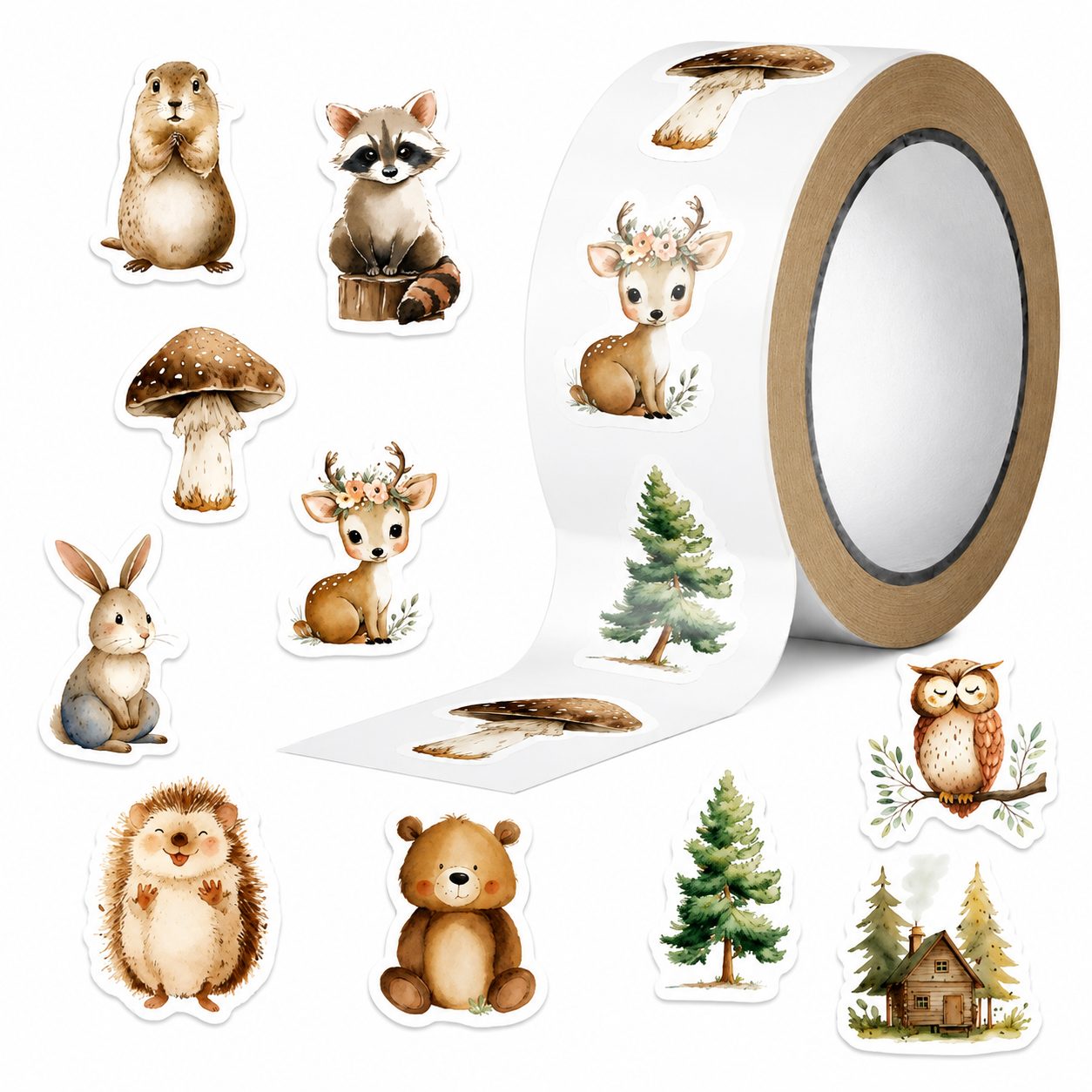 Rola cu 500 Stickere Decorative, , 10 Modele cu Animale de Padure, Tip Washi Tape, pentru Jurnal, Caiete si Activitati DIY, Latime Rola 3 cm, Multicolor