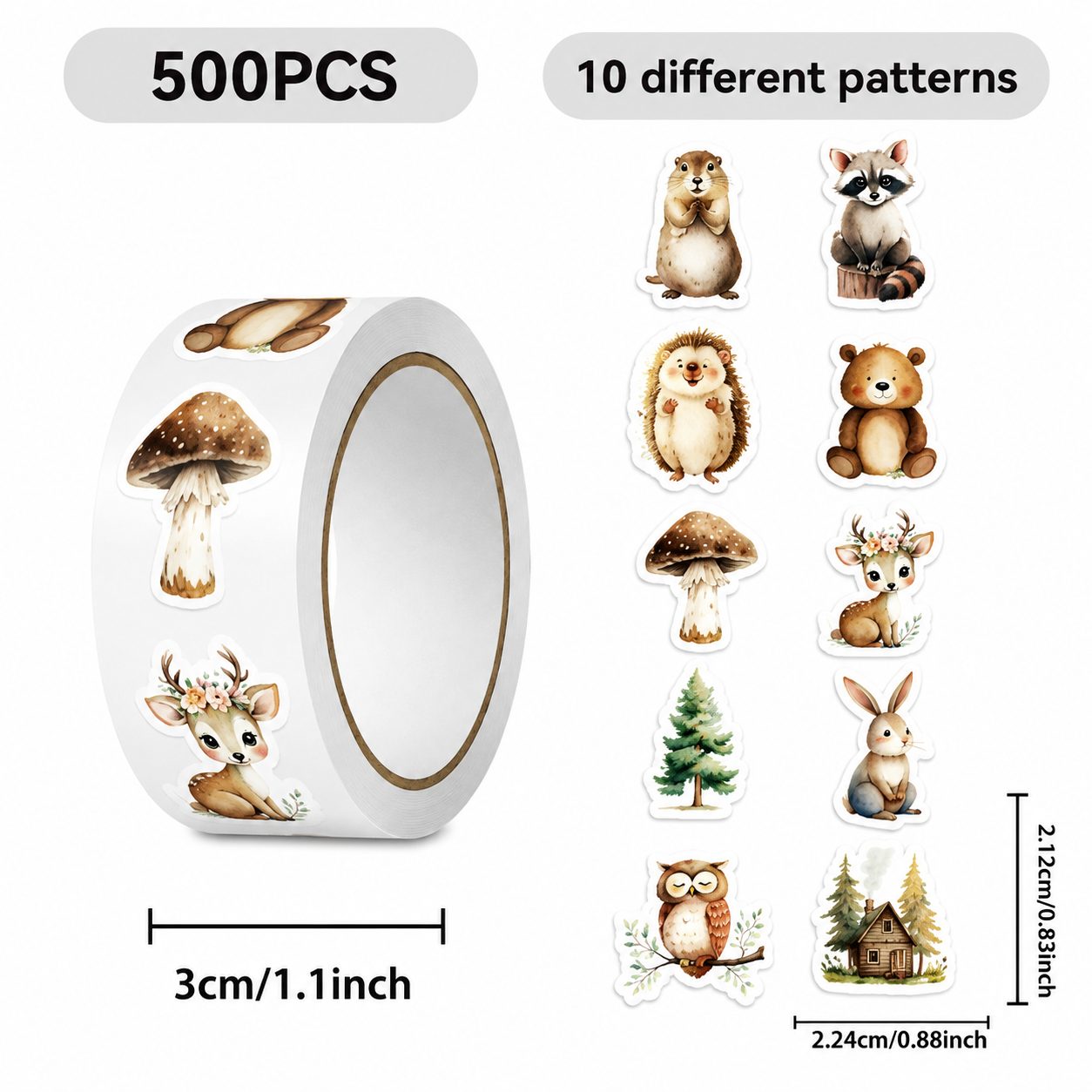 Rola cu 500 Stickere Decorative, , 10 Modele cu Animale de Padure, Tip Washi Tape, pentru Jurnal, Caiete si Activitati DIY, Latime Rola 3 cm, Multicolor 4