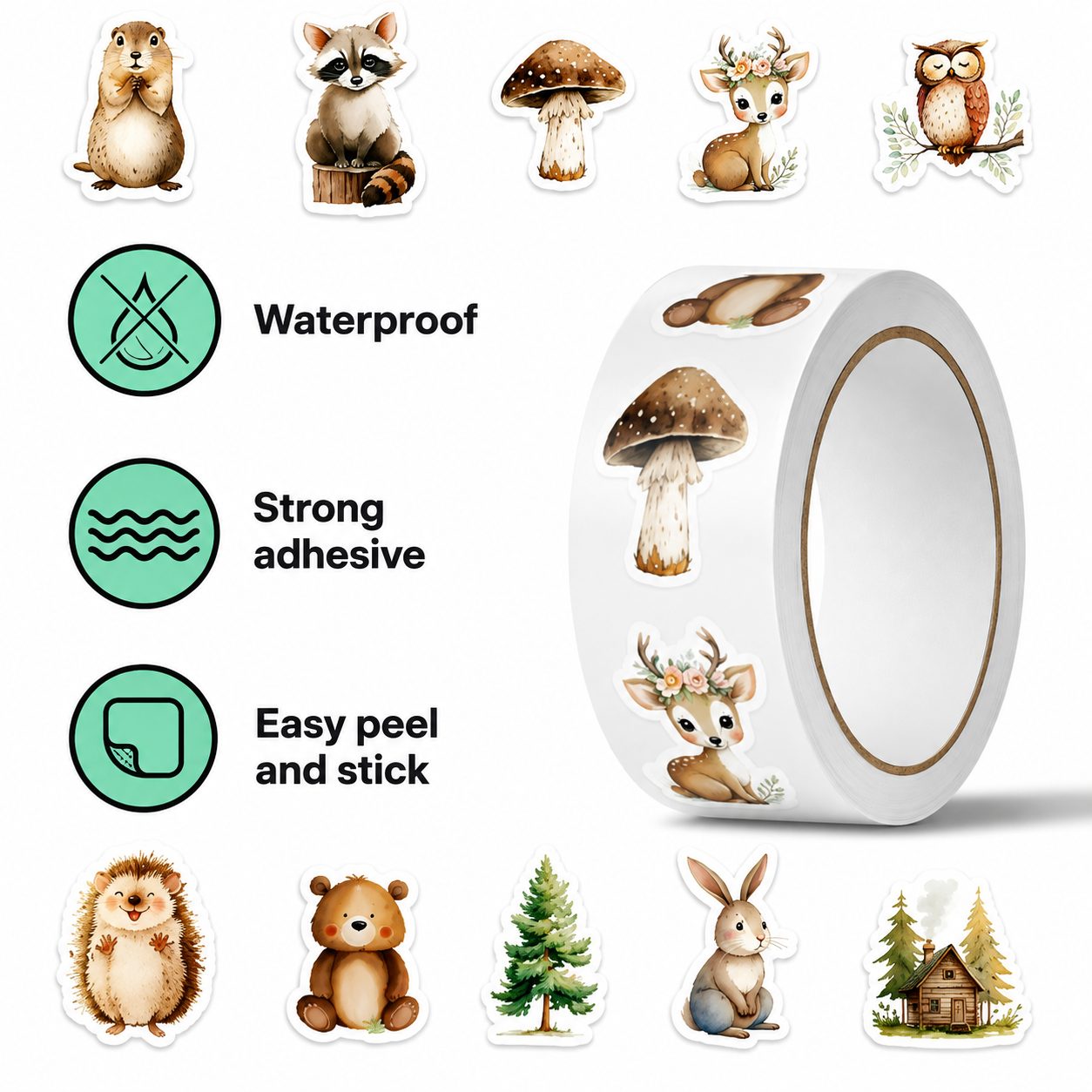 Rola cu 500 Stickere Decorative, , 10 Modele cu Animale de Padure, Tip Washi Tape, pentru Jurnal, Caiete si Activitati DIY, Latime Rola 3 cm, Multicolor 2