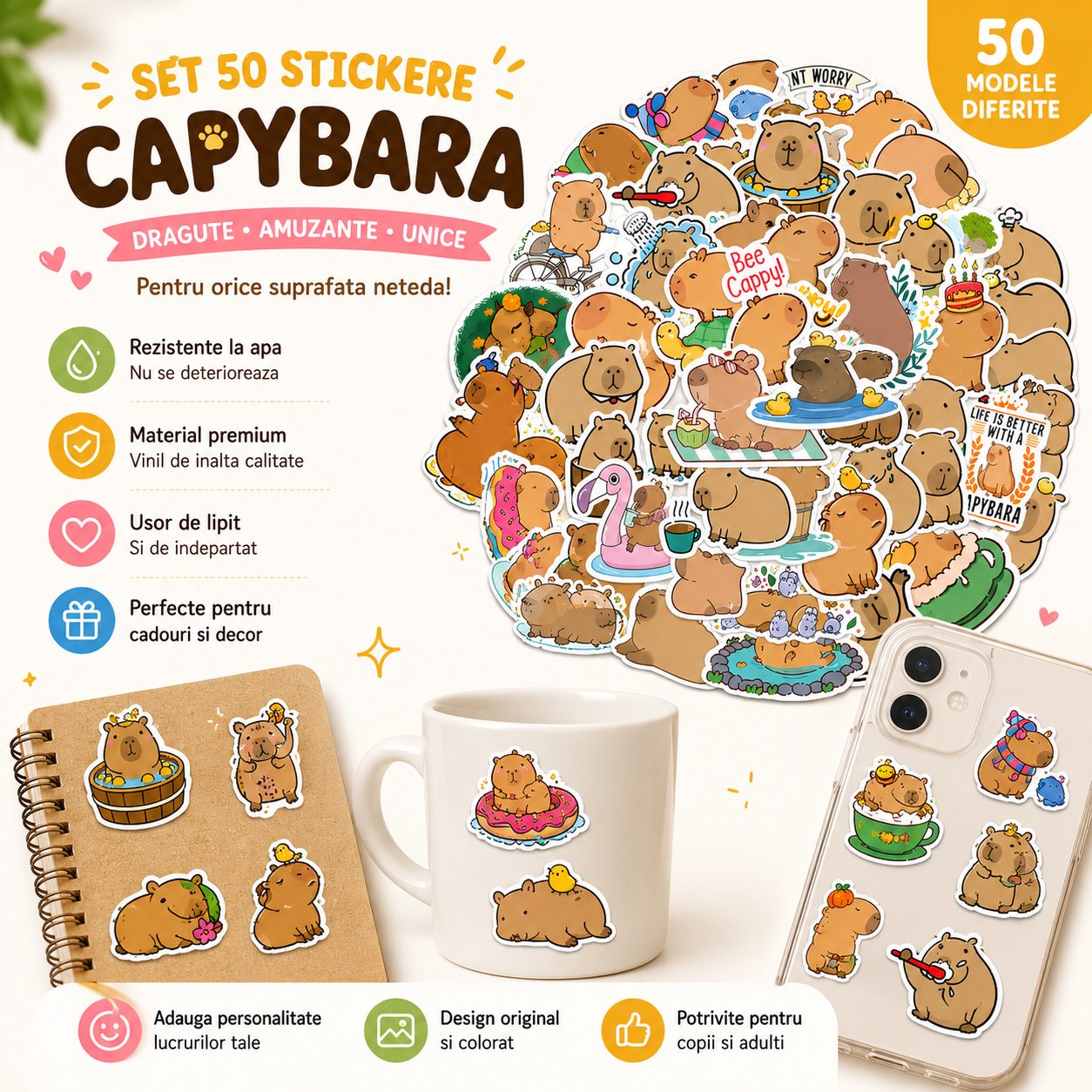 Set 50 Stickere Decorative, , Modele Capybara Cartoon, din Vinil, Impermeabile, Aproximativ 5.27 x 5.42 cm, Multicolor 2