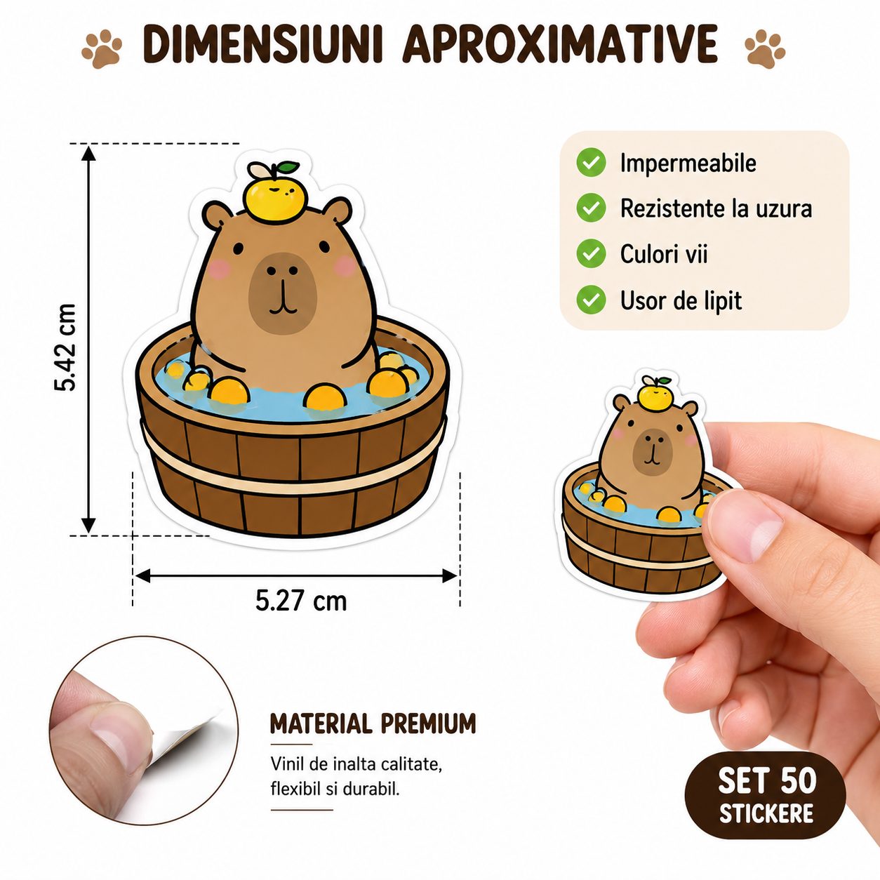 Set 50 Stickere Decorative, , Modele Capybara Cartoon, din Vinil, Impermeabile, Aproximativ 5.27 x 5.42 cm, Multicolor 4