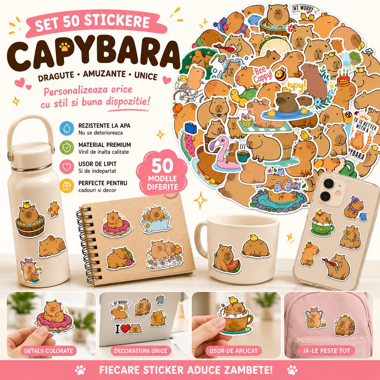Set 50 Stickere Decorative, , Modele Capybara Cartoon, din Vinil, Impermeabile, Aproximativ 5.27 x 5.42 cm, Multicolor 3