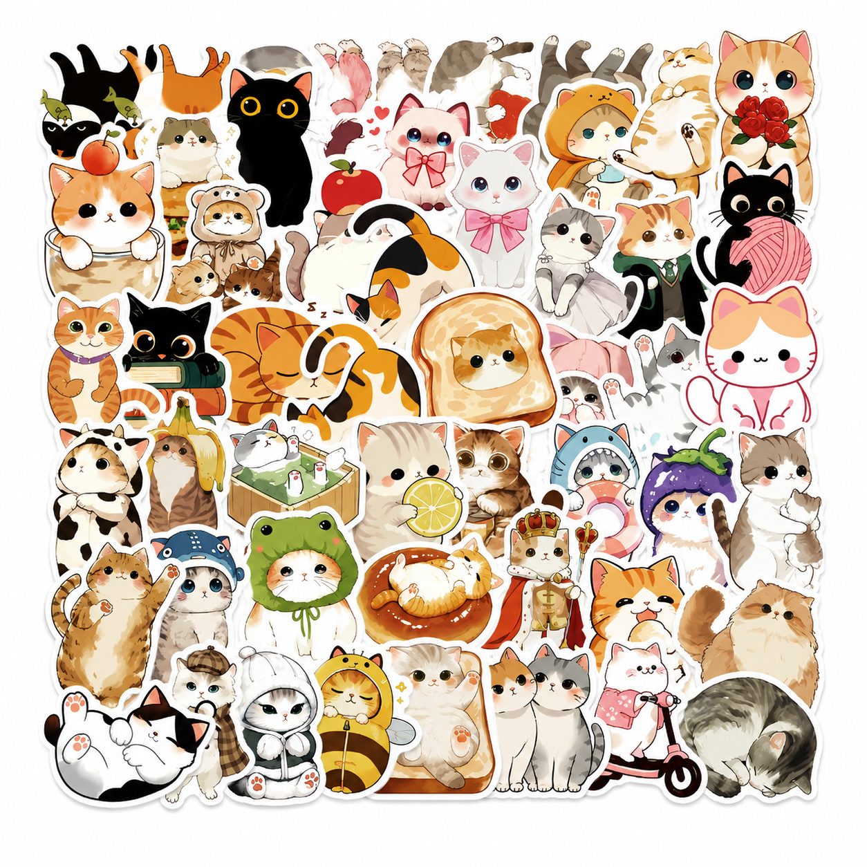 Set 50 Stickere Decorative, , Modele Pisici Cartoon Dragute, Impermeabile, Aproximativ 5.27 x 5.42 cm, Multicolor