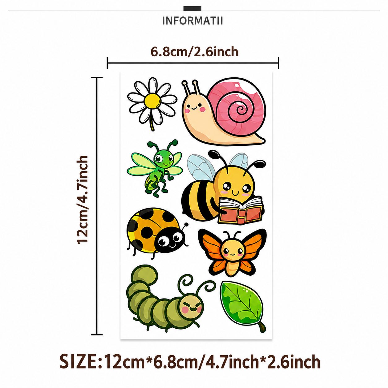 Set Tatuaje Temporare pentru Copii, , Modele Cartoon cu Insecte si Natura, Rezistente la Apa, pentru Petreceri si Activitati Creative, Foaie 12 x 6.8 cm, Multicolor 2