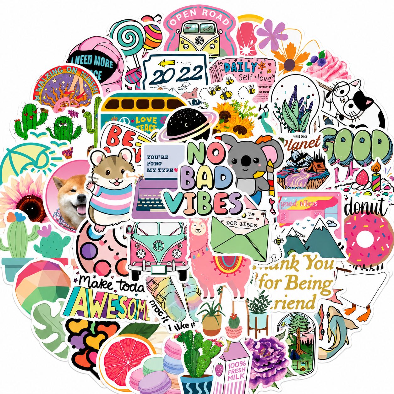 Set 50 Stickere Decorative, , Modele Cartoon si Graffiti, Animale, Peisaje si Astronauti, Impermeabile, Aproximativ 5 x 6 cm, Multicolor 1