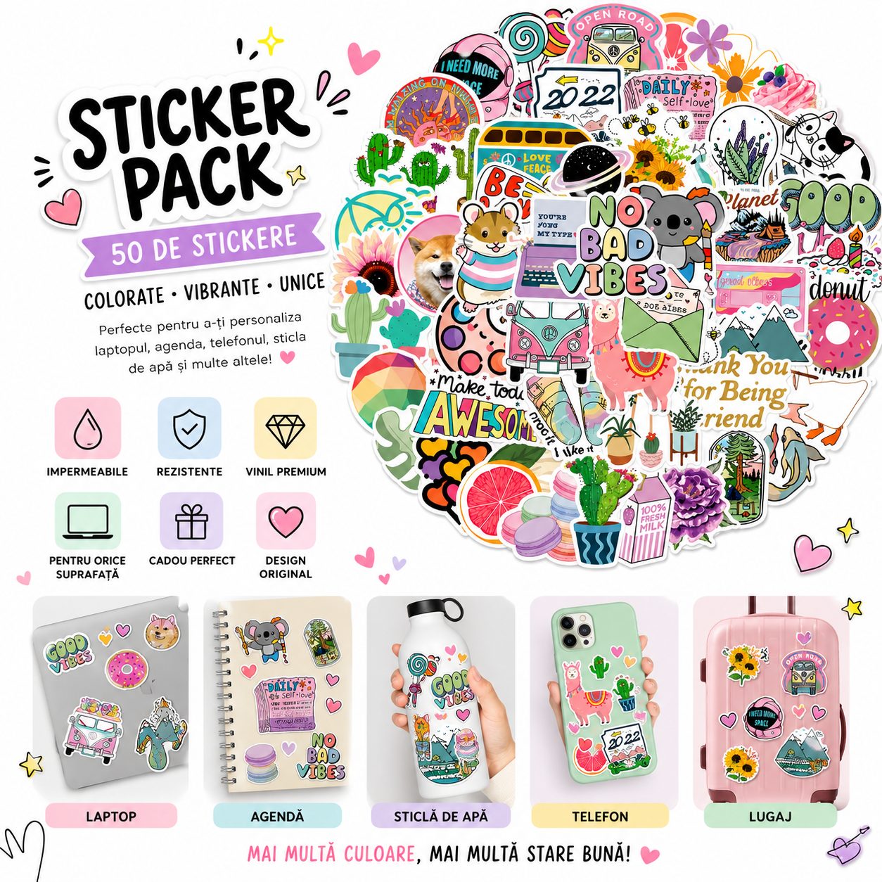 Set 50 Stickere Decorative, , Modele Cartoon si Graffiti, Animale, Peisaje si Astronauti, Impermeabile, Aproximativ 5 x 6 cm, Multicolor 3