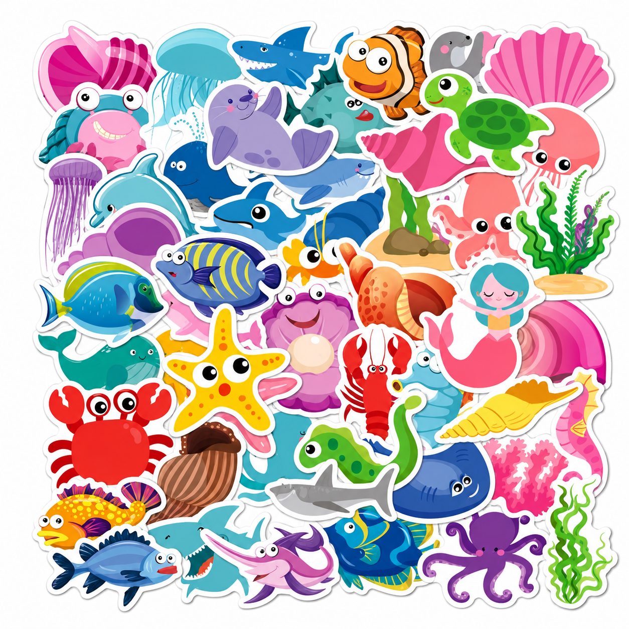 Set 50 Stickere Decorative, , Tema Lumea Marina, Personaje si Animale Acvatice, Folie Mata, pentru Ghiozdan si Bagaje, Aproximativ 5-6 cm, Multicolor 1