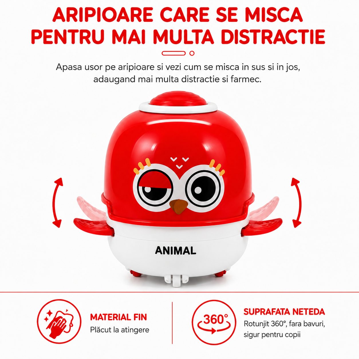 Jucarie Interactiva cu Inertie, , Model Bufnita, Sunete si Lumini, pentru Copii 1-3 Ani, Rosu Deshis 5