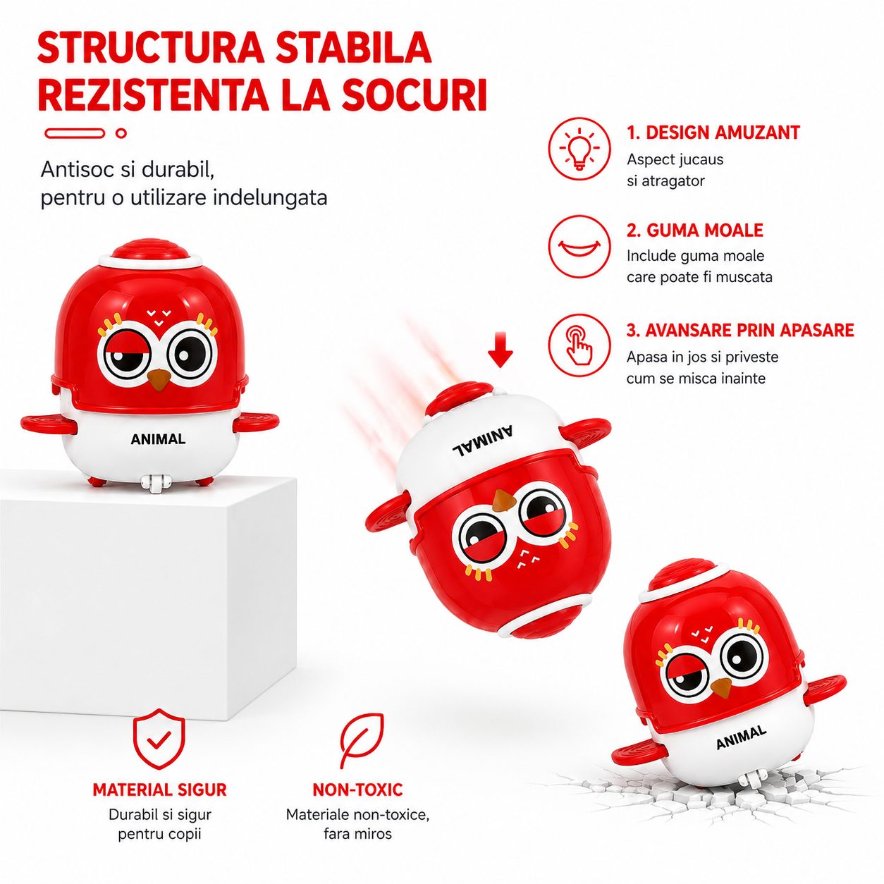 Jucarie Interactiva cu Inertie, , Model Bufnita, Sunete si Lumini, pentru Copii 1-3 Ani, Rosu Deshis 4