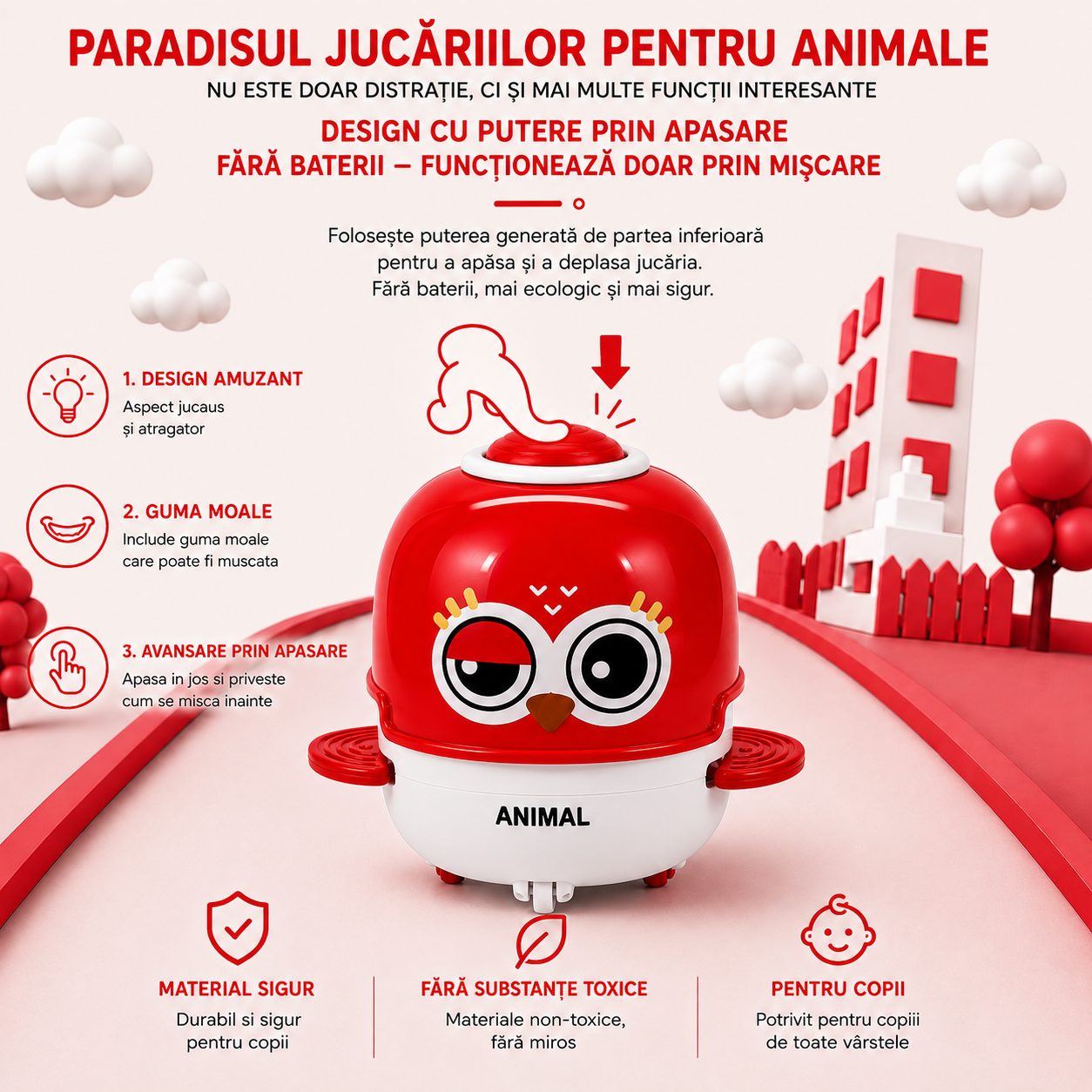 Jucarie Interactiva cu Inertie, , Model Bufnita, Sunete si Lumini, pentru Copii 1-3 Ani, Rosu Deshis 3