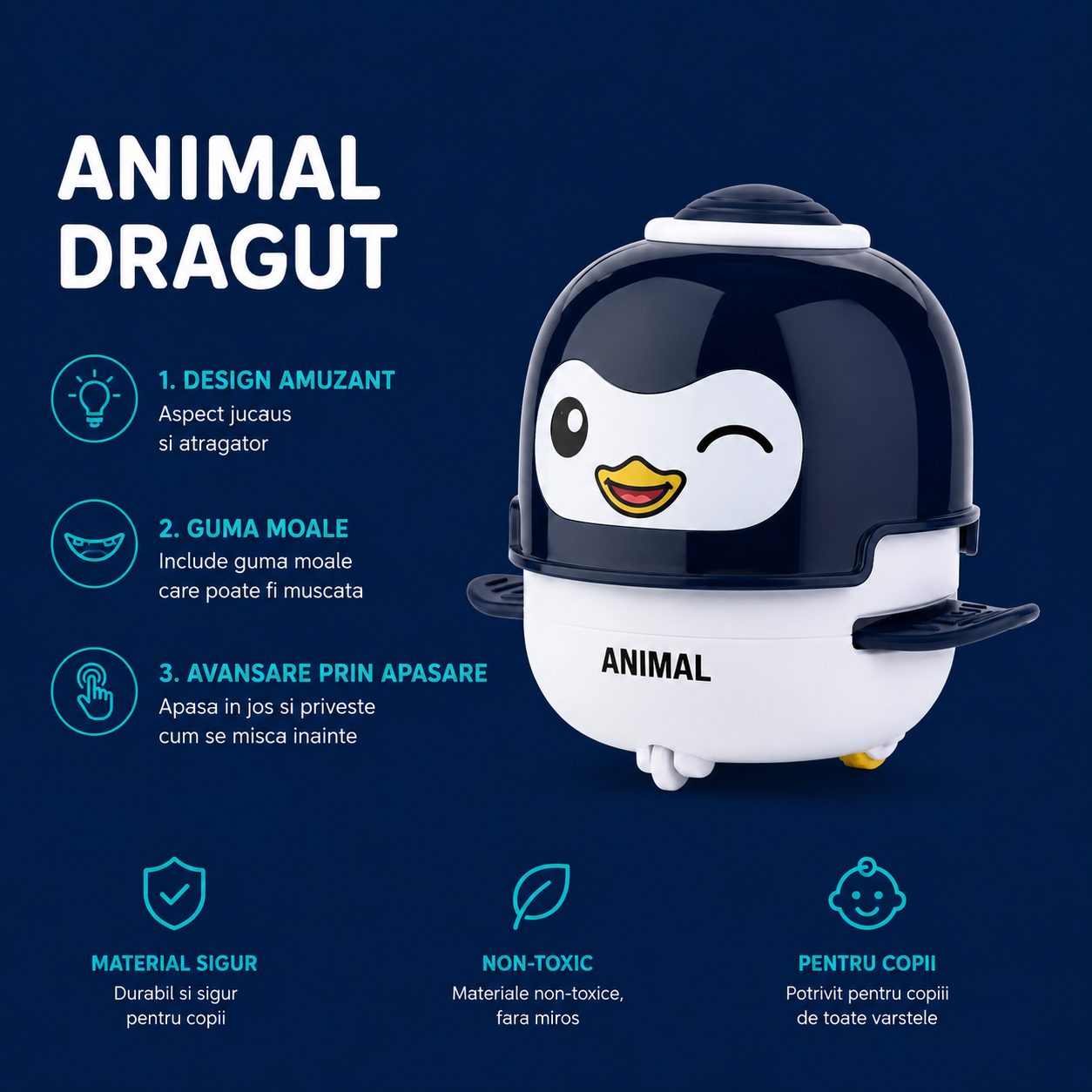 Jucarie Interactiva cu Inertie, , Model Pinguin, Sunete si Lumini, pentru Copii 1-3 Ani, Albastru 2