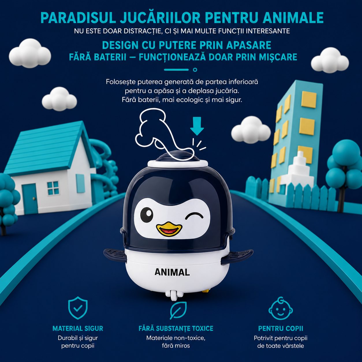 Jucarie Interactiva cu Inertie, , Model Pinguin, Sunete si Lumini, pentru Copii 1-3 Ani, Albastru 3