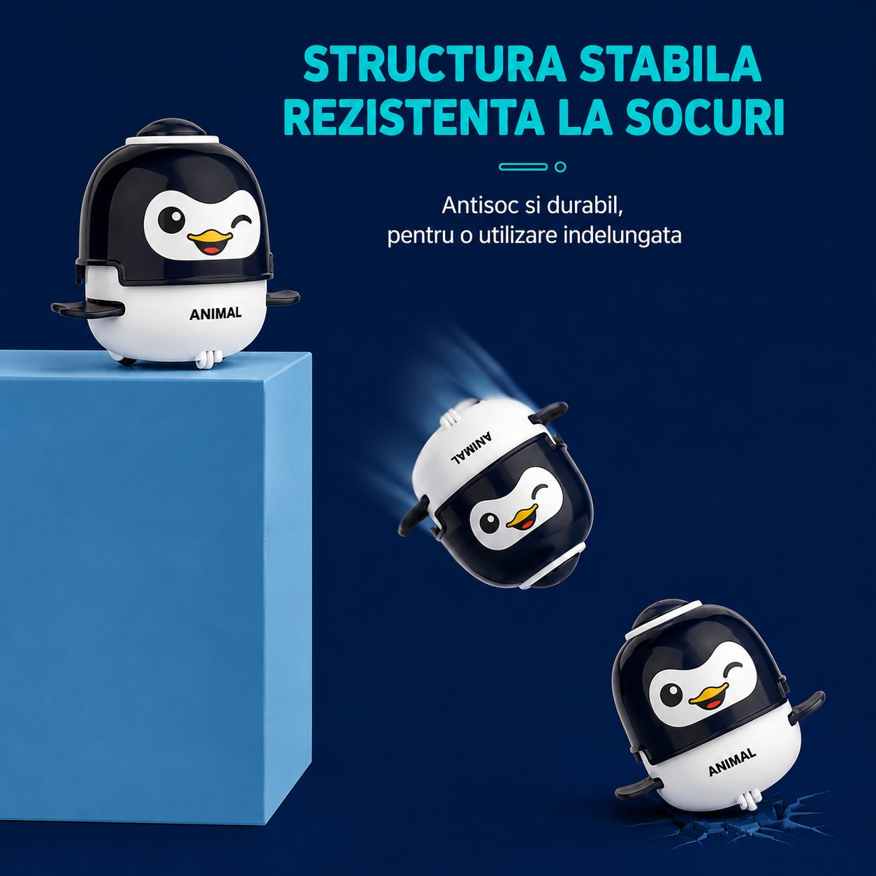Jucarie Interactiva cu Inertie, , Model Pinguin, Sunete si Lumini, pentru Copii 1-3 Ani, Albastru 4