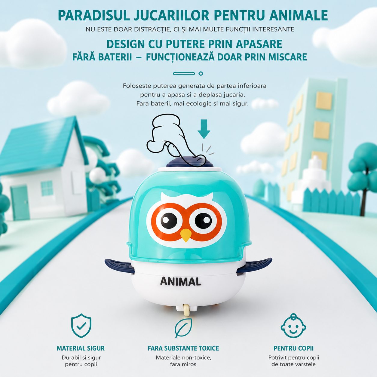 Jucarie Interactiva cu Inertie, , Model Bufnita, Sunete si Lumini, pentru Copii 1-3 Ani, Turcoaz 3