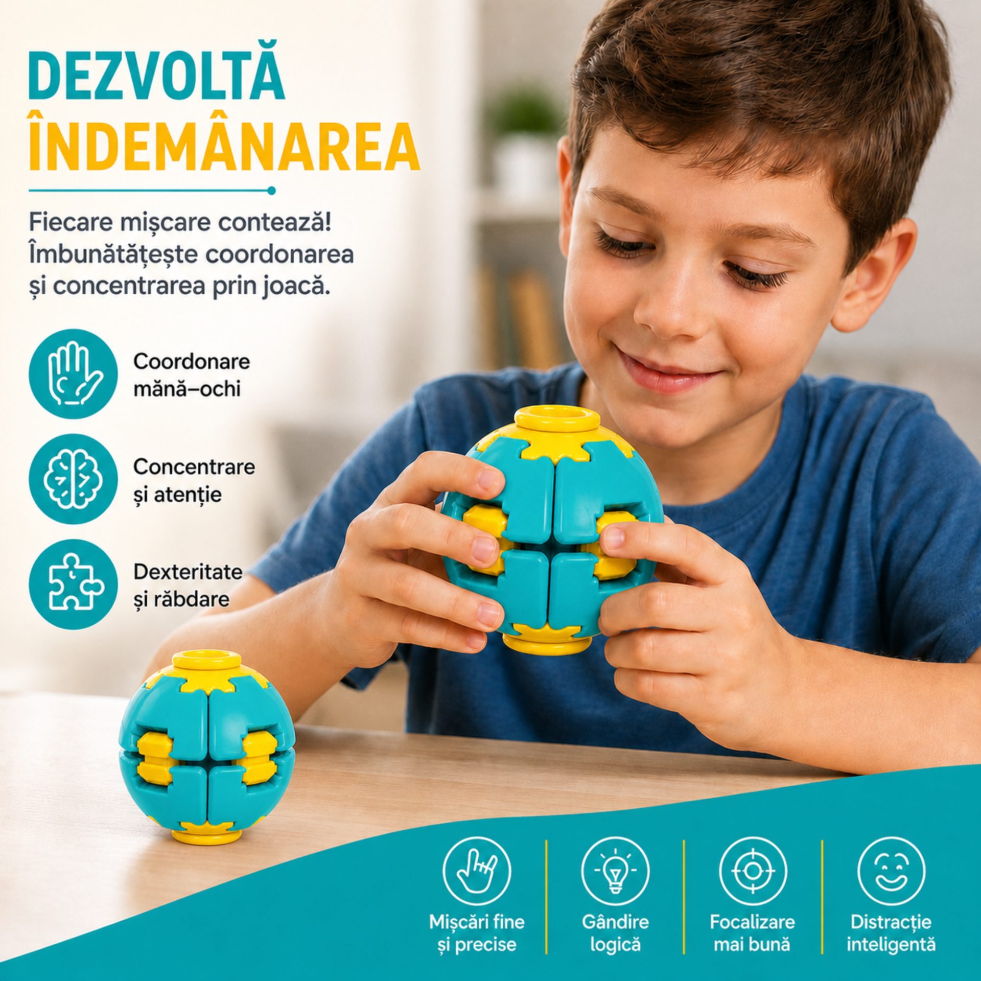 Denumire recomandată: Minge Senzorială Antistres Rotativă 3D, , Tip Fidget Spinner, cu Breloc și Sistem Push and Spin, 4.5x5 cm, Turcoaz și Galben 3