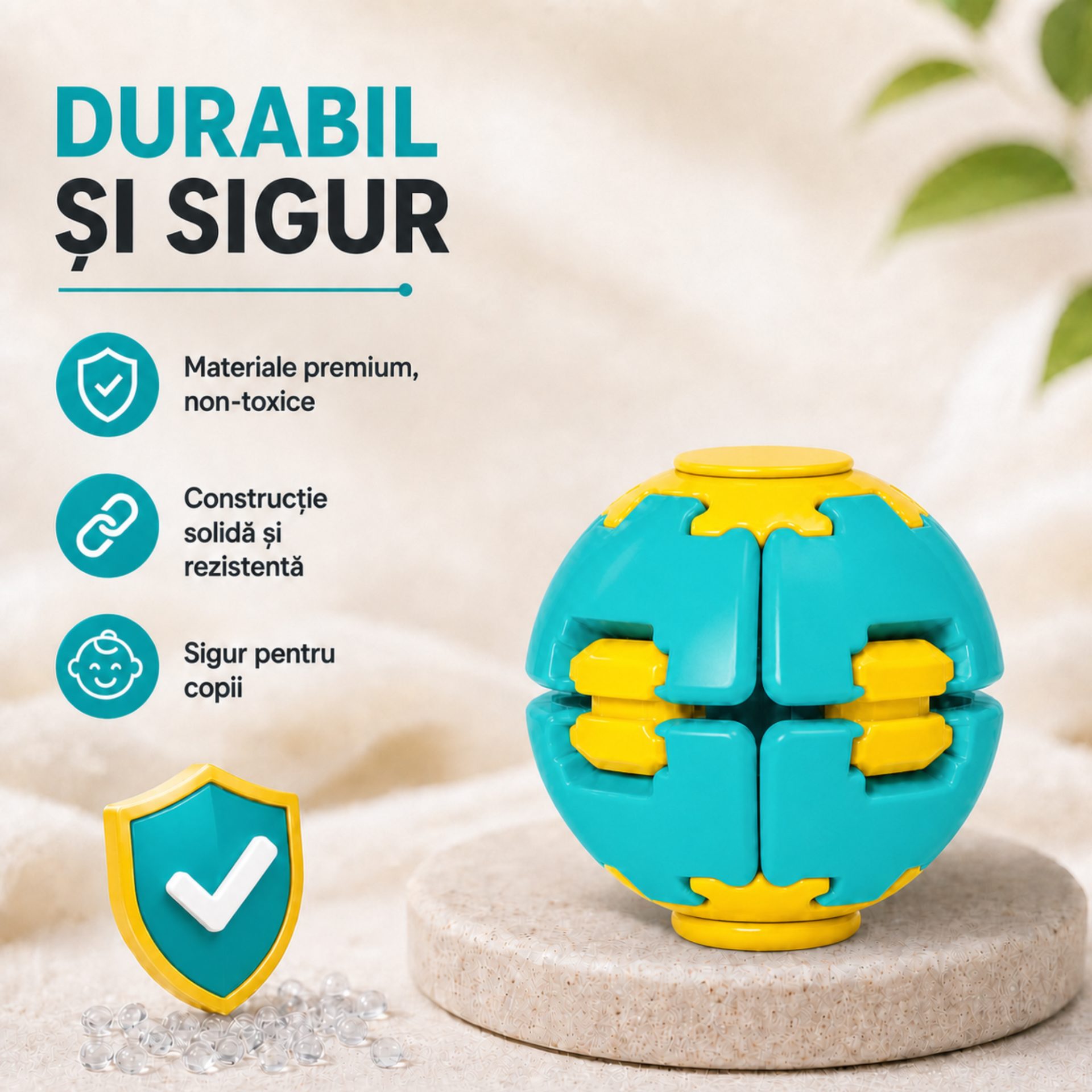 Denumire recomandată: Minge Senzorială Antistres Rotativă 3D, , Tip Fidget Spinner, cu Breloc și Sistem Push and Spin, 4.5x5 cm, Turcoaz și Galben 4