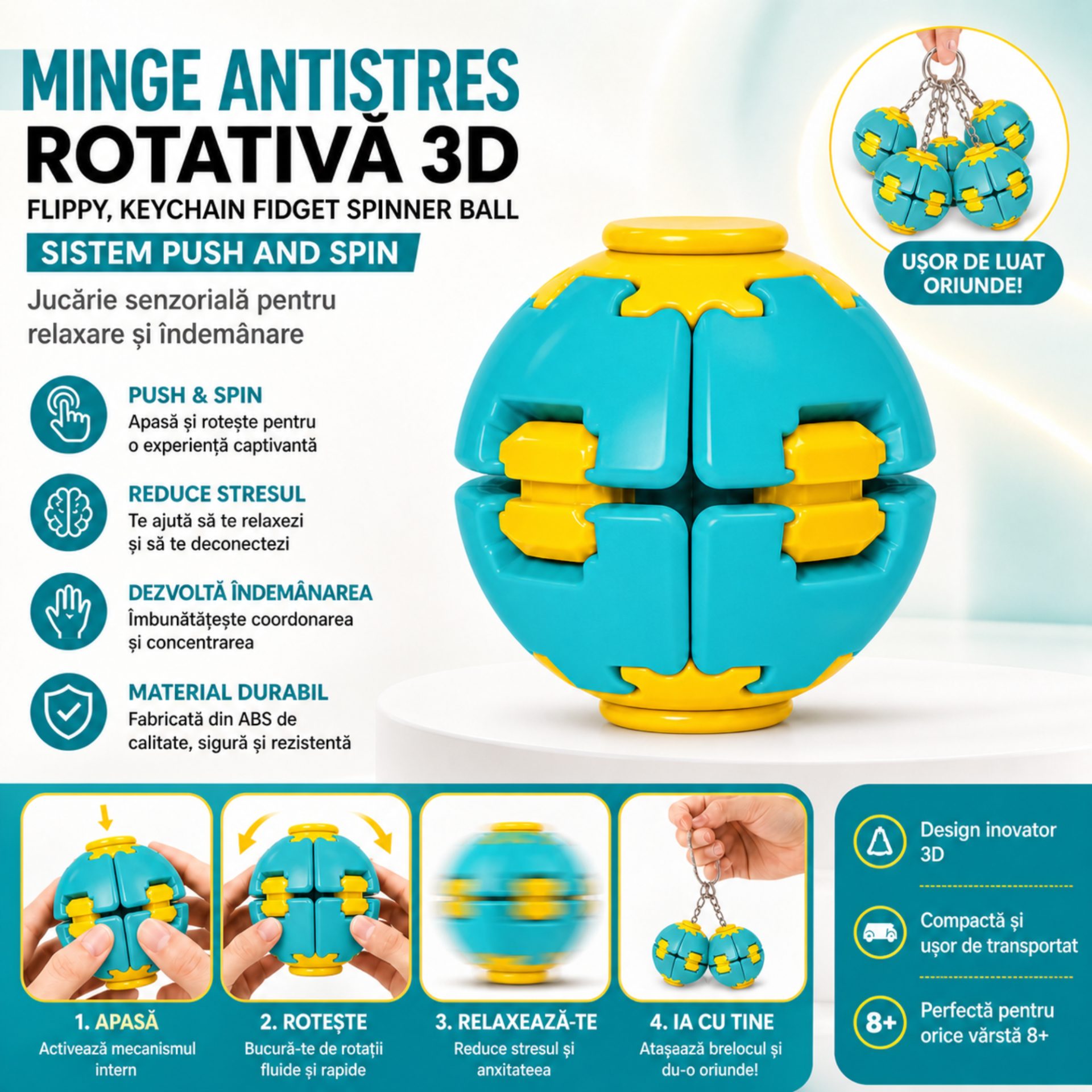 Denumire recomandată: Minge Senzorială Antistres Rotativă 3D, , Tip Fidget Spinner, cu Breloc și Sistem Push and Spin, 4.5x5 cm, Turcoaz și Galben 2