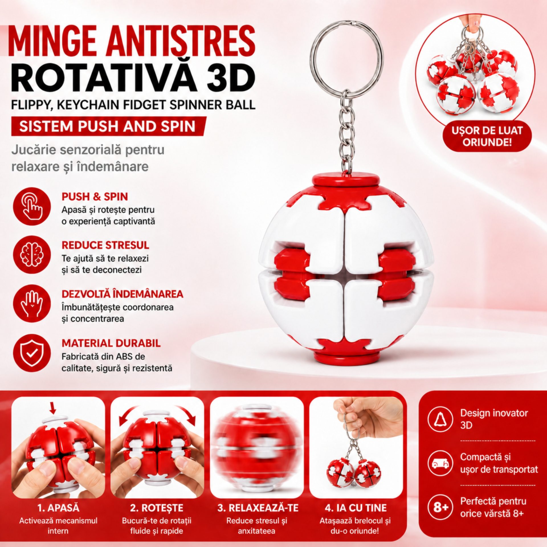 Minge Antistres Rotativa 3D, , Keychain Fidget Spinner Ball, cu Sistem Push and Spin, Jucarie Senzoriala pentru Relaxare si Indemanare, 4.5x5 cm, Alb\Rosu 3