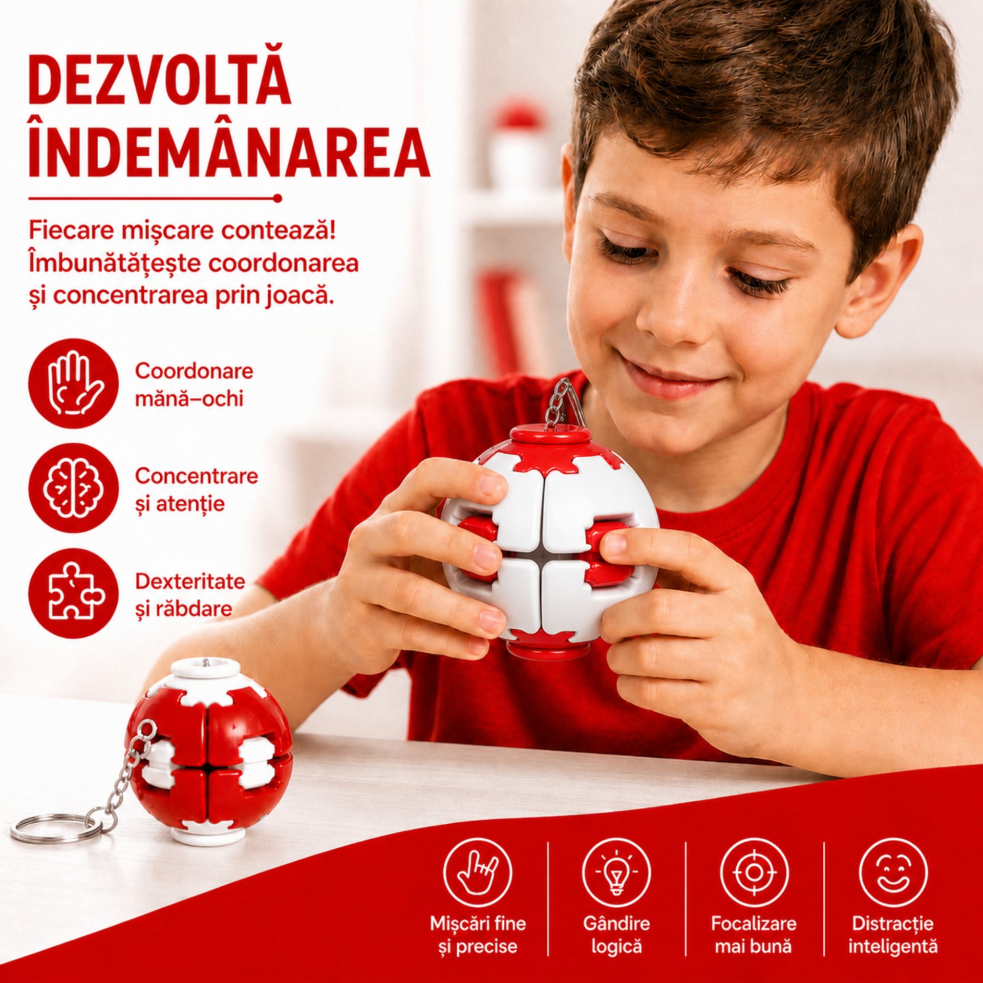 Minge Antistres Rotativa 3D, , Keychain Fidget Spinner Ball, cu Sistem Push and Spin, Jucarie Senzoriala pentru Relaxare si Indemanare, 4.5x5 cm, Alb\Rosu 2