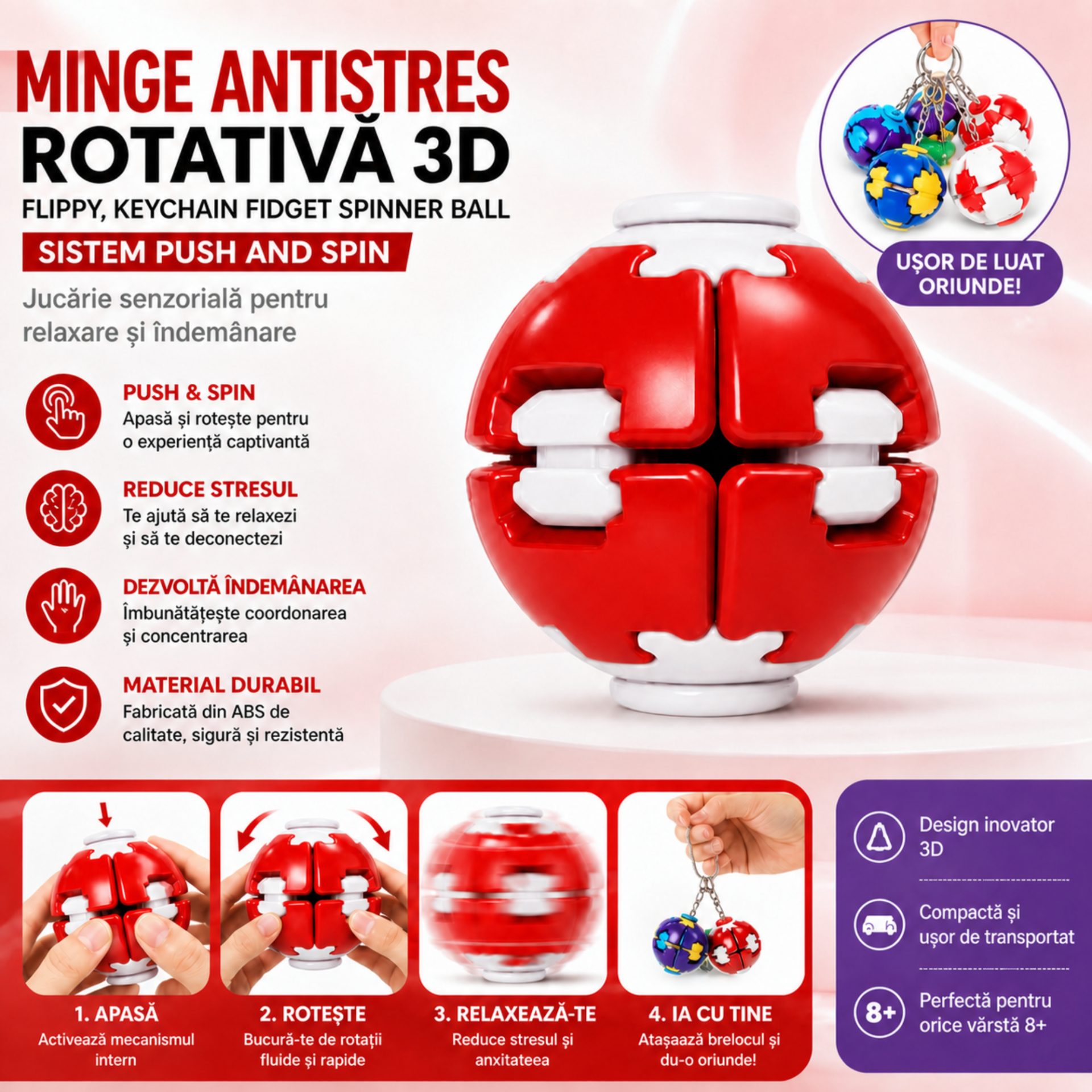 Minge Antistres Rotativa 3D, , Keychain Fidget Spinner Ball, cu Sistem Push and Spin, Jucarie Senzoriala pentru Relaxare si Indemanare, 4.5x5 cm, Rosu 2