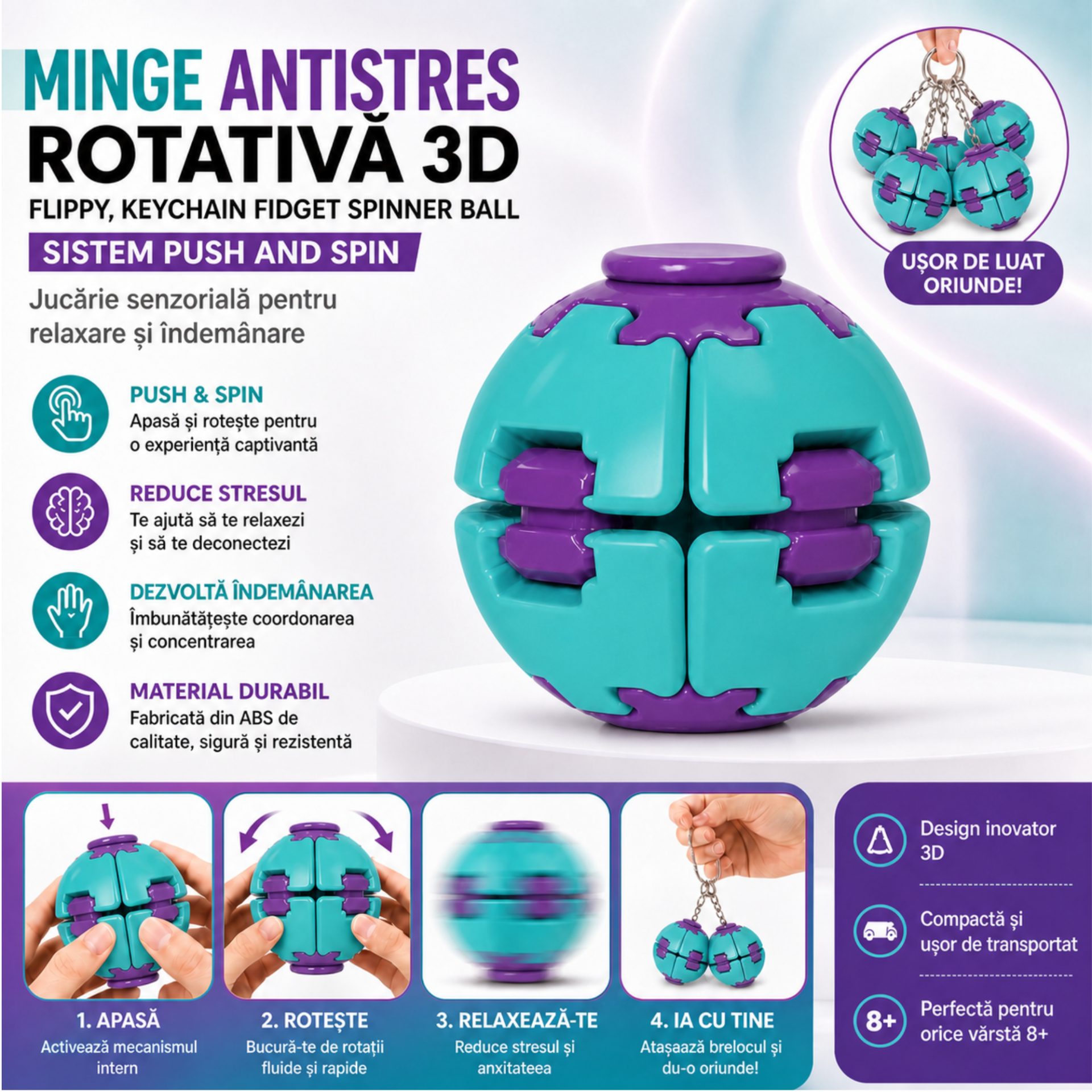 Denumire recomandată: Minge Senzorială Antistres Rotativă 3D, , Tip Fidget Spinner, cu Breloc și Sistem Push and Spin, 4.5x5 cm, Turcoaz și Mov 4