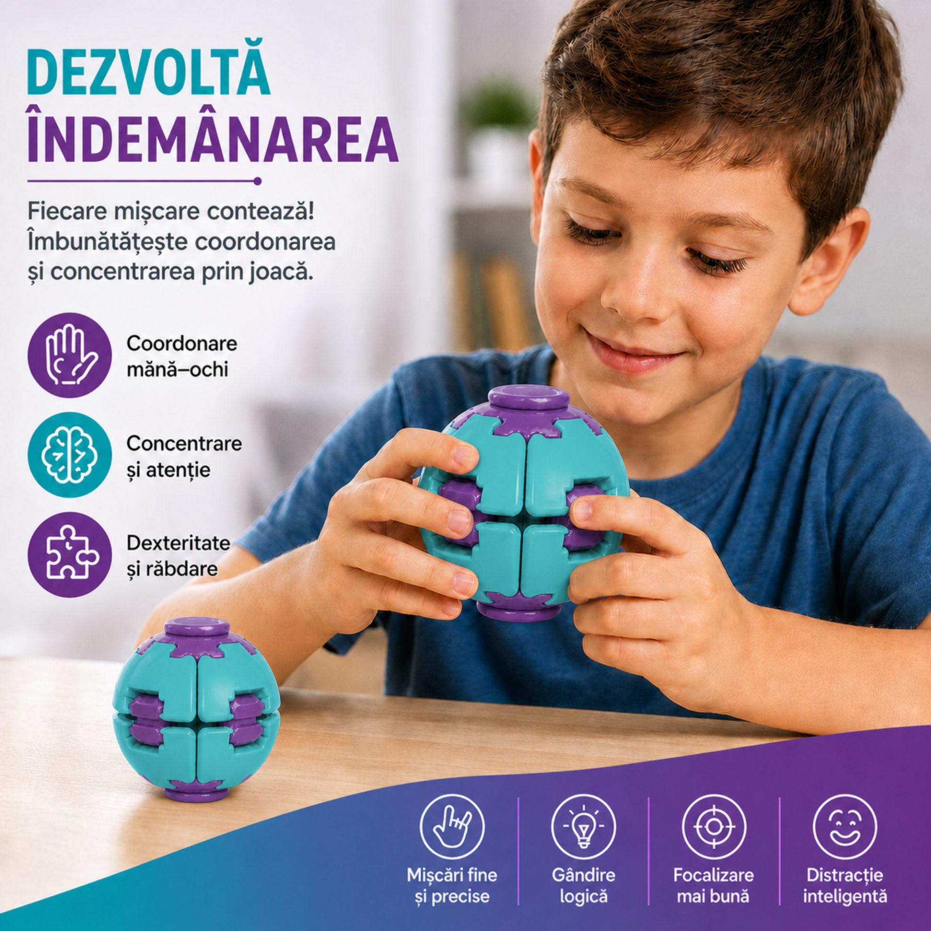 Denumire recomandată: Minge Senzorială Antistres Rotativă 3D, , Tip Fidget Spinner, cu Breloc și Sistem Push and Spin, 4.5x5 cm, Turcoaz și Mov 3