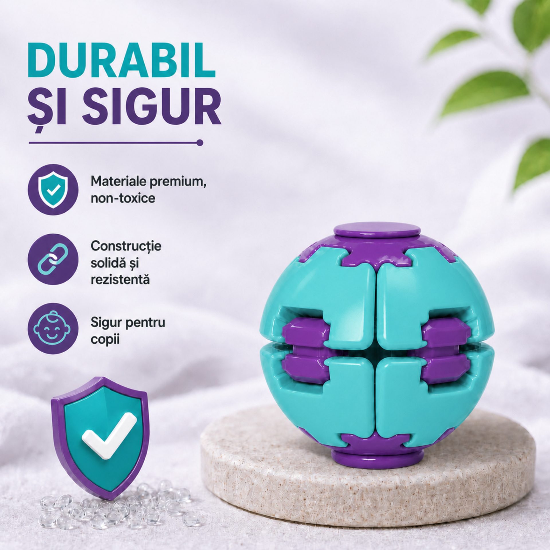 Denumire recomandată: Minge Senzorială Antistres Rotativă 3D, , Tip Fidget Spinner, cu Breloc și Sistem Push and Spin, 4.5x5 cm, Turcoaz și Mov 2