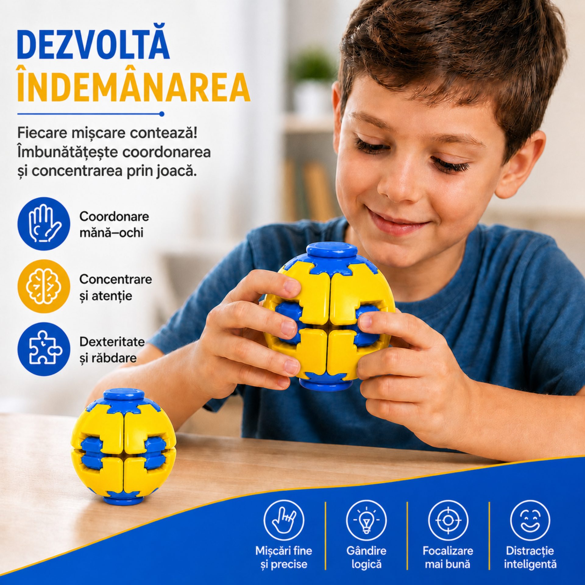 Minge Senzorială Antistres Rotativă 3D, , Tip Fidget Spinner, cu Breloc și Sistem Push and Spin, 4.5x5 cm, Galben și Albastru 3